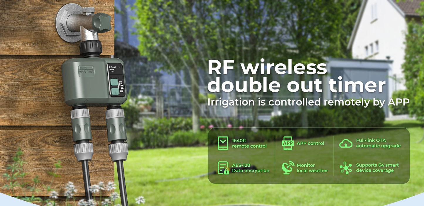 Programmateur d'arrosage automatique Tuya Wifi+RF433 à 2 prises pour l'extérieur, arrosage précis et programmable