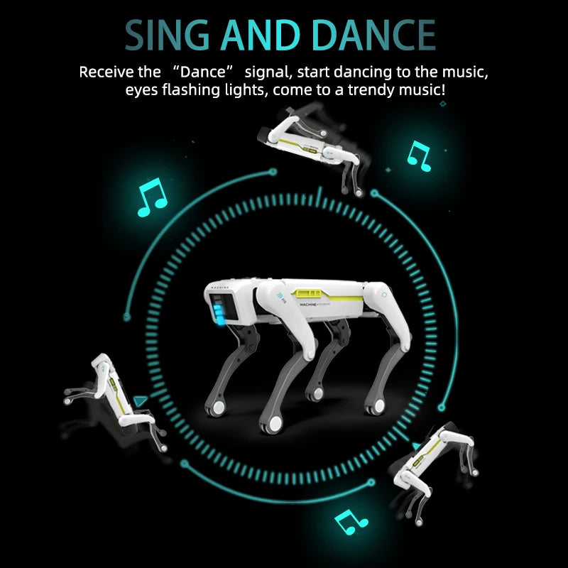 Robot chien high-tech qui danse et chante avec lumières clignotantes, gadget futuriste pour musique