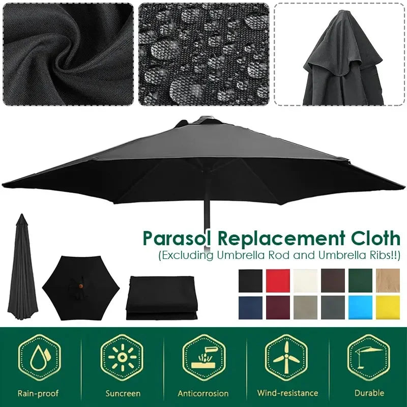 Tissu de rechange pour parasol noir imperméable, résistant au vent et aux UV, disponible en plusieurs couleurs