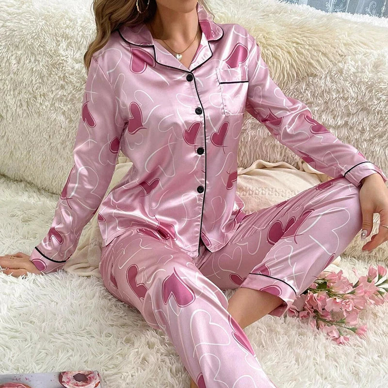 Femmes Satin Pyjama décontracté vêtements de nuit maison vêtements costume automne à manches longues boutonné haut et pantalon vêtements de nuit vêtements de détente Pyjama Femme