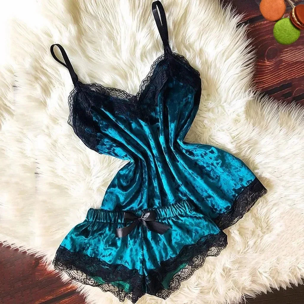 Été déshabillé en dentelle Sexy Satin pyjamas ensemble femmes chemise de nuit 2 pièces haut court et ensemble short et haut Homewear vêtements de détente