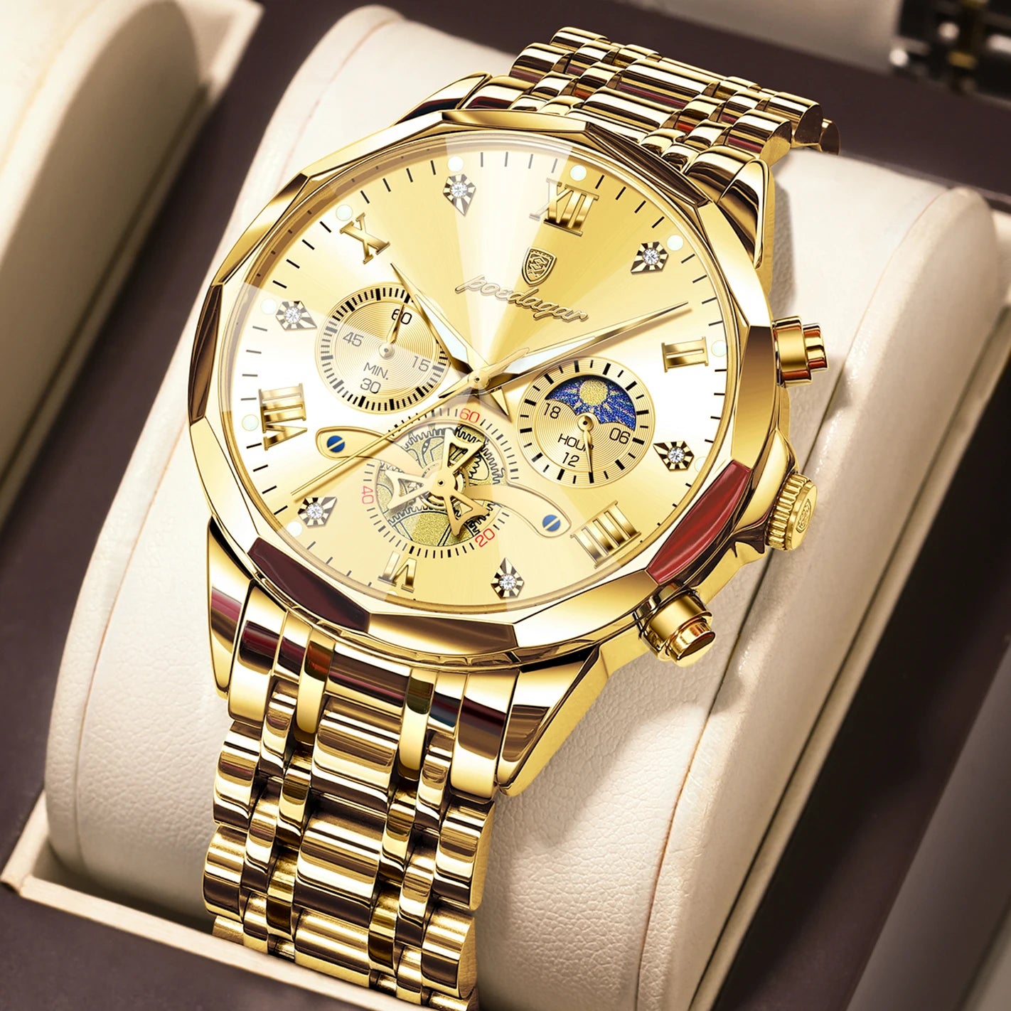 POEDAGAR Montre de luxe pour homme, étanche, chronographe lumineux, montre sport pour homme, acier inoxydable, montre à quartz tendance pour homme, Reloj