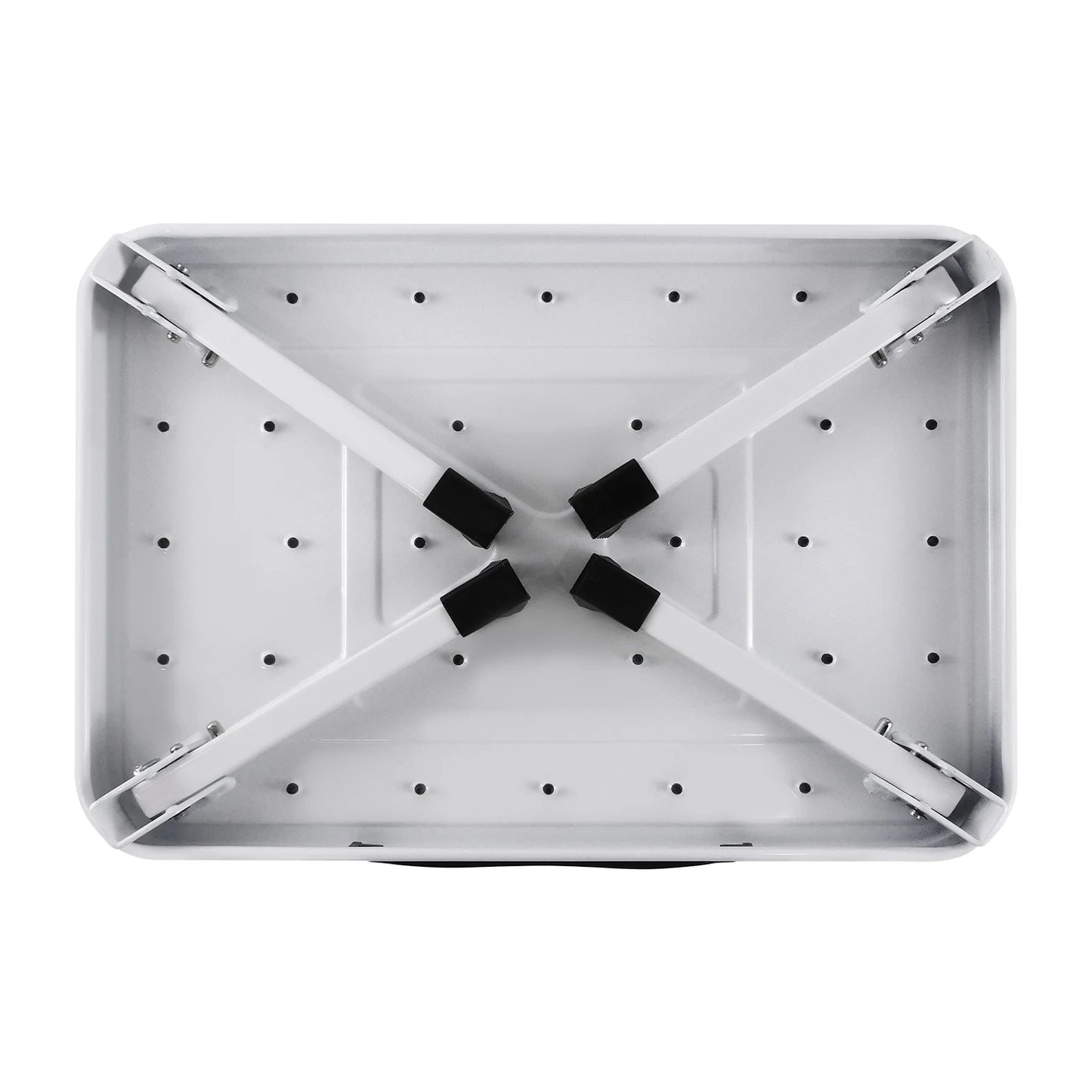 Table pliante blanche avec pieds croisés et embouts noirs, design compact et robuste