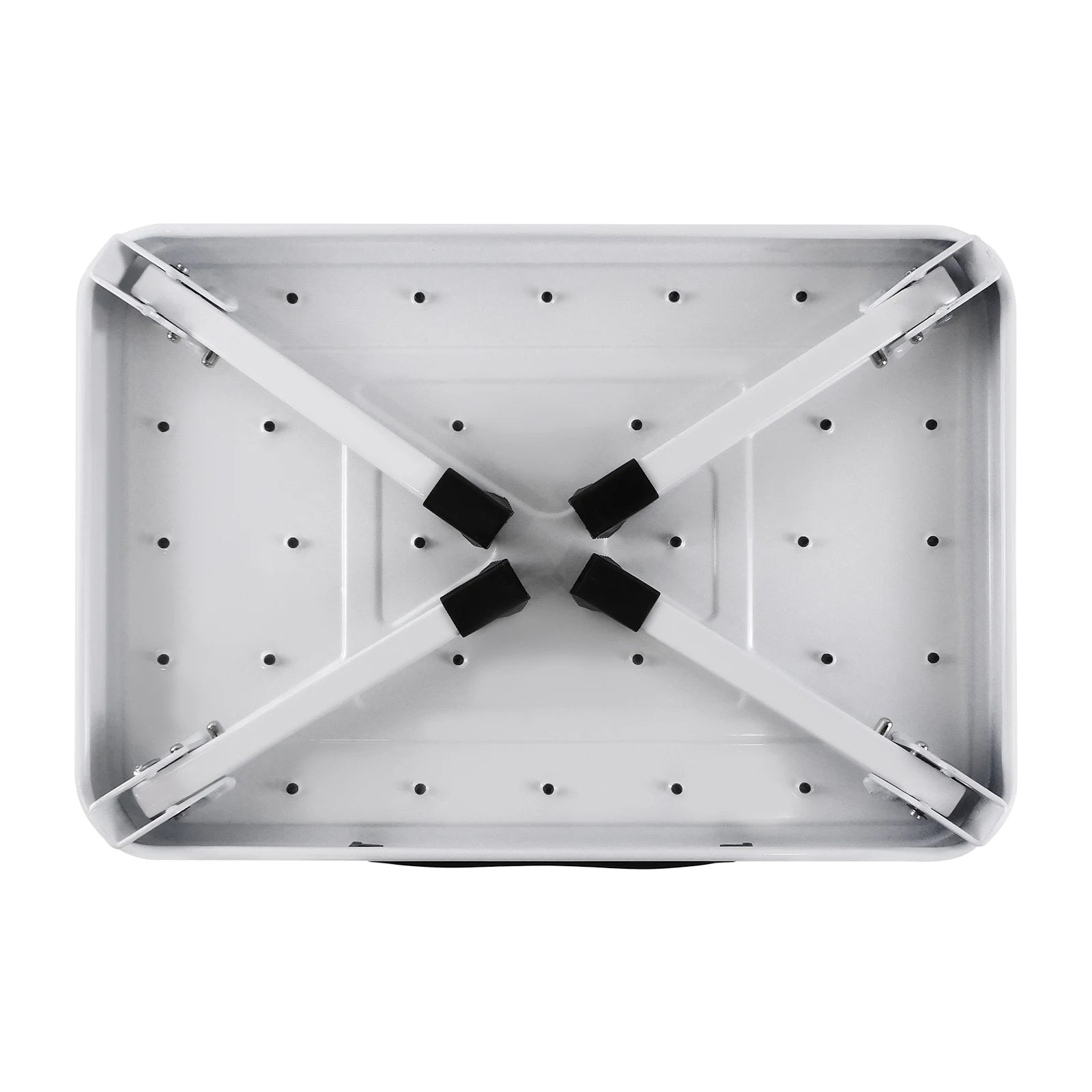 Table pliante blanche avec pieds croisés et embouts noirs, design compact et robuste