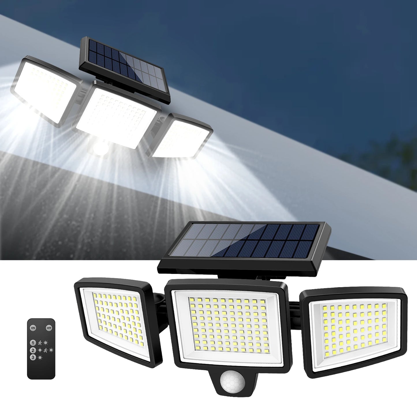 Projecteur solaire LED extérieur avec détecteur de mouvement et télécommande, éclairage puissant pour jardin ou sécurité