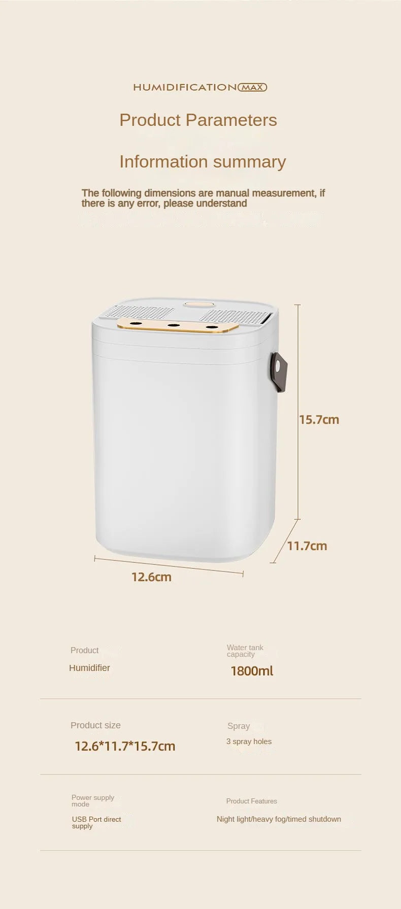 Humidificateur à trois buses 1,8 l, vaporisateur d'aromathérapie de grande capacité, diffuseur d'huile essentielle, veilleuse domestique, humidificateur d'air
