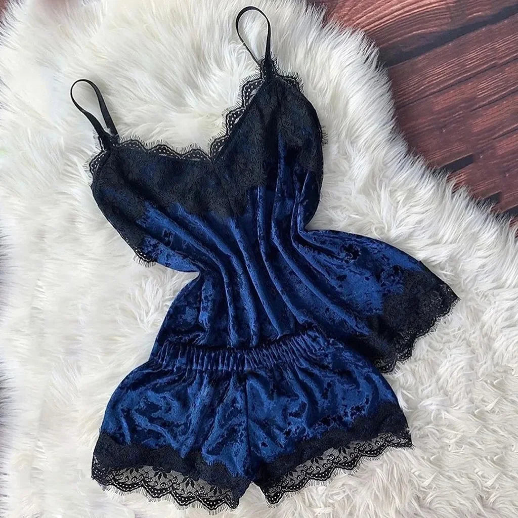 Été déshabillé en dentelle Sexy Satin pyjamas ensemble femmes chemise de nuit 2 pièces haut court et ensemble short et haut Homewear vêtements de détente