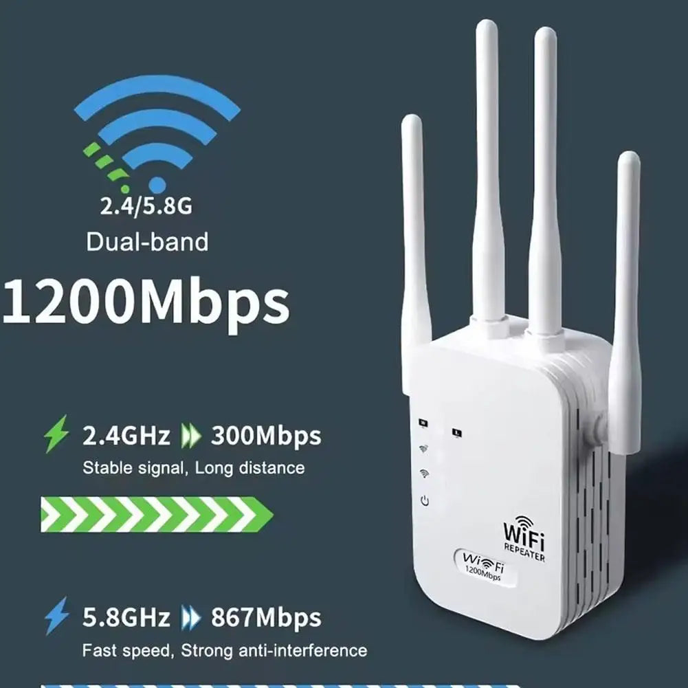 Répéteur WiFi双频 1200Mbps avec 4 antennes, signal stable et portée étendue pour connexion rapide