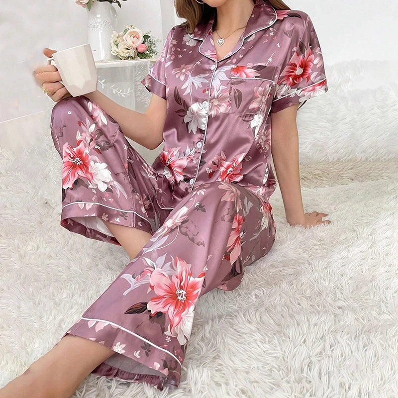 Femmes Satin Pyjama décontracté vêtements de nuit maison vêtements costume automne à manches longues boutonné haut et pantalon vêtements de nuit vêtements de détente Pyjama Femme