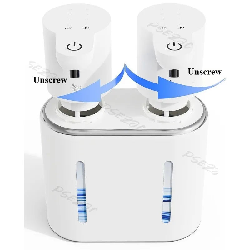 Gadget high-tech blanc avec double réservoir, dévisser pour recharger, idéal pour bureau ou maison