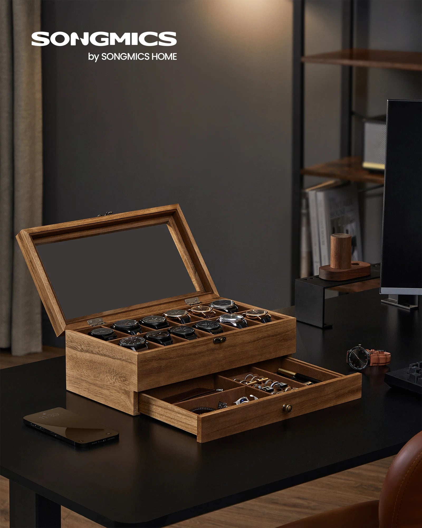 Boîte à montres en bois avec tiroir, rangement pour collection de montres et bijoux, design moderne