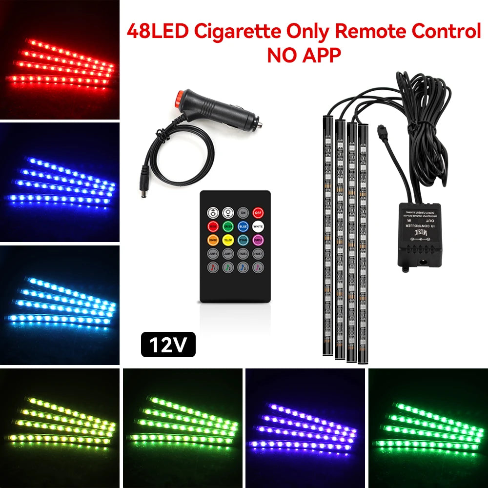 Kit de lumière d'ambiance pour intérieur de voiture, néon 36 48 72 LED, rétro-éclairage, application à distance, contrôle de la musique, lampe décorative d'ambiance RGB automatique