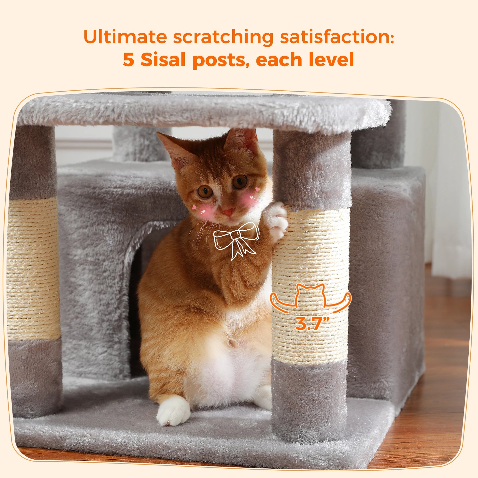 Chat roux sur arbre à chat gris avec griffoirs en sisal, 5 poteaux, 3,7 pouces de diamètre
