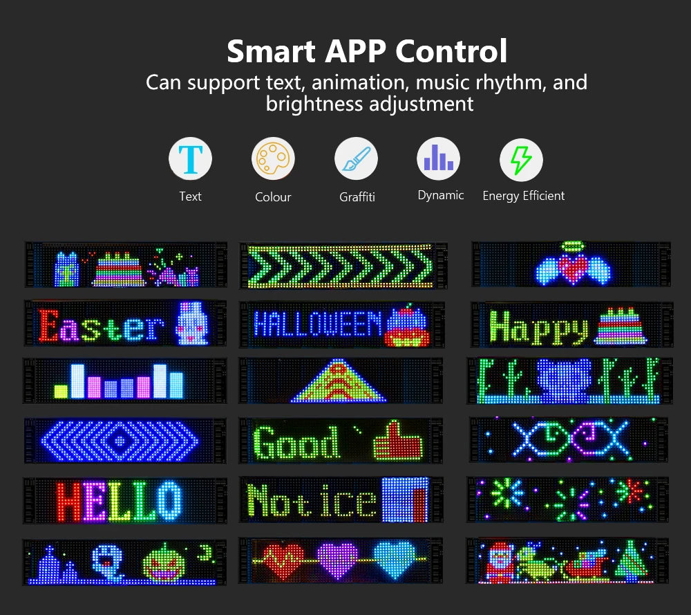 Panneau LED programmable avec contrôle via appli, affichage texte, animations et motifs colorés pour événements