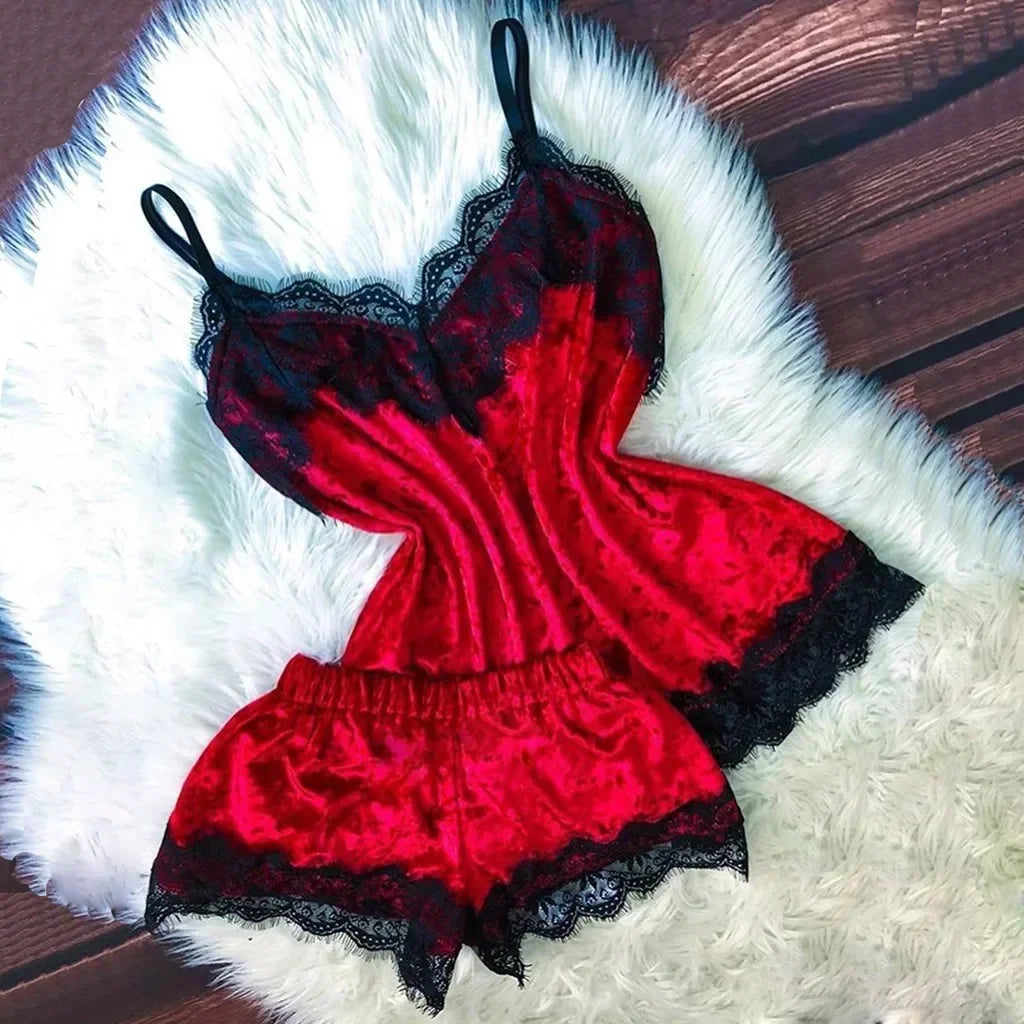 Été déshabillé en dentelle Sexy Satin pyjamas ensemble femmes chemise de nuit 2 pièces haut court et ensemble short et haut Homewear vêtements de détente
