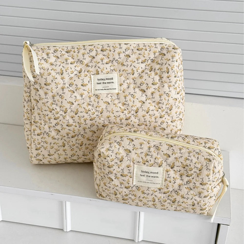 Sac de Rangement Matelassé Grande Capacité pour Maquillage, Pochette Cosmétique Vintage à Imprimé Floral pour Femme, Sac de Voyage Organisateur