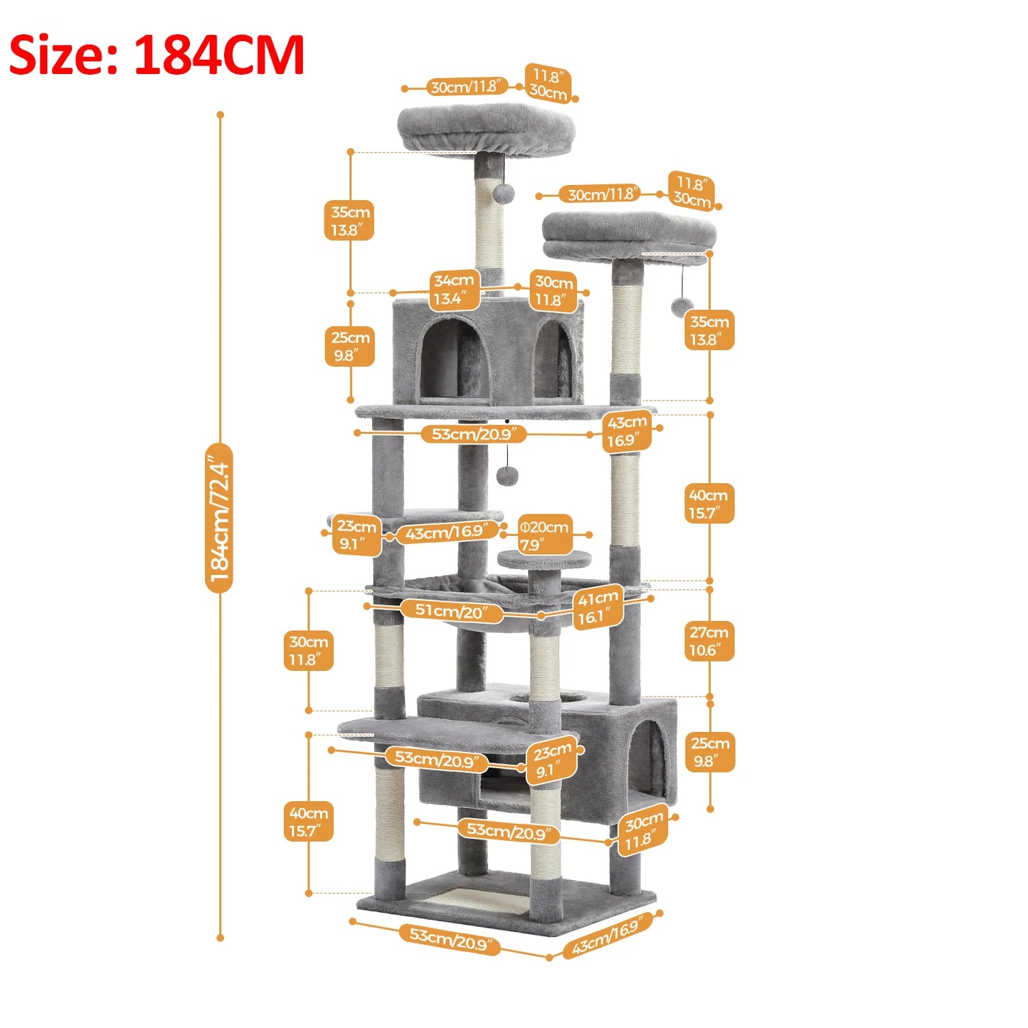 Arbre à chat gris 184 cm avec plateformes, griffoirs et niches, dimensions détaillées
