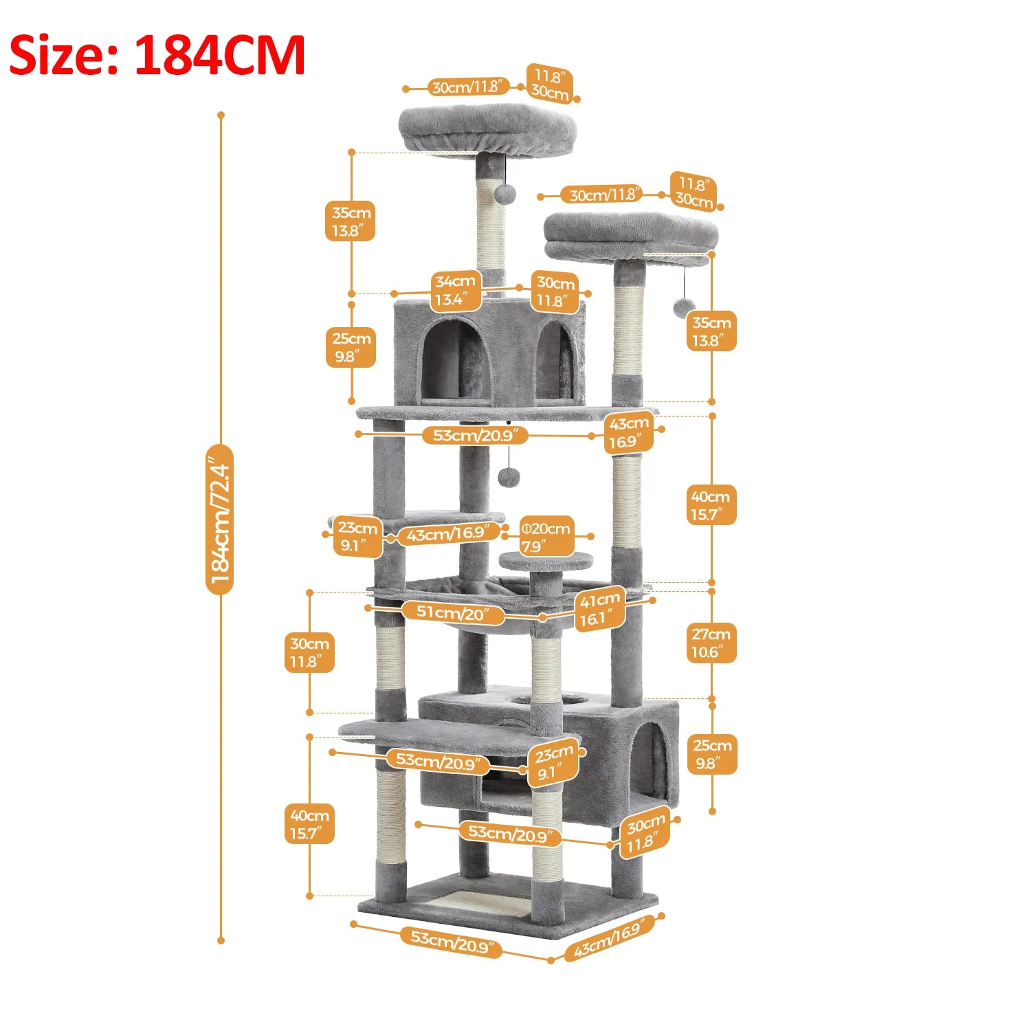 Arbre à chat gris 184 cm avec plateformes, griffoirs et niches, dimensions détaillées