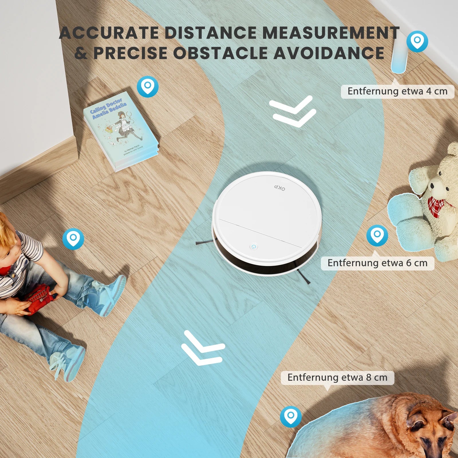 Aspirateur robot intelligent évitant obstacles avec mesure précise, idéal pour maison avec enfants et animaux