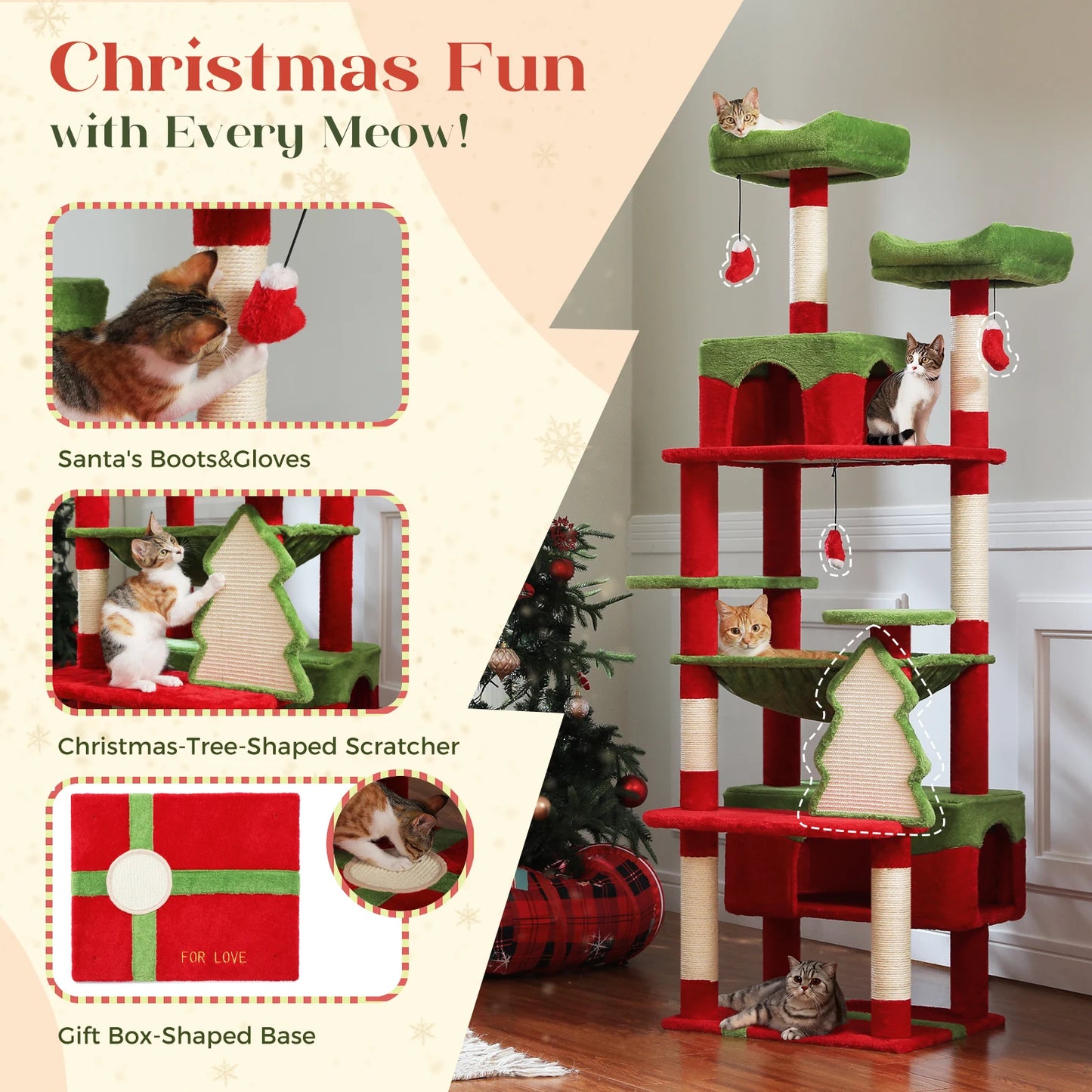 Arbre à chat de Noël rouge et vert avec griffoirs en forme d'arbre et base cadeau, pour chats