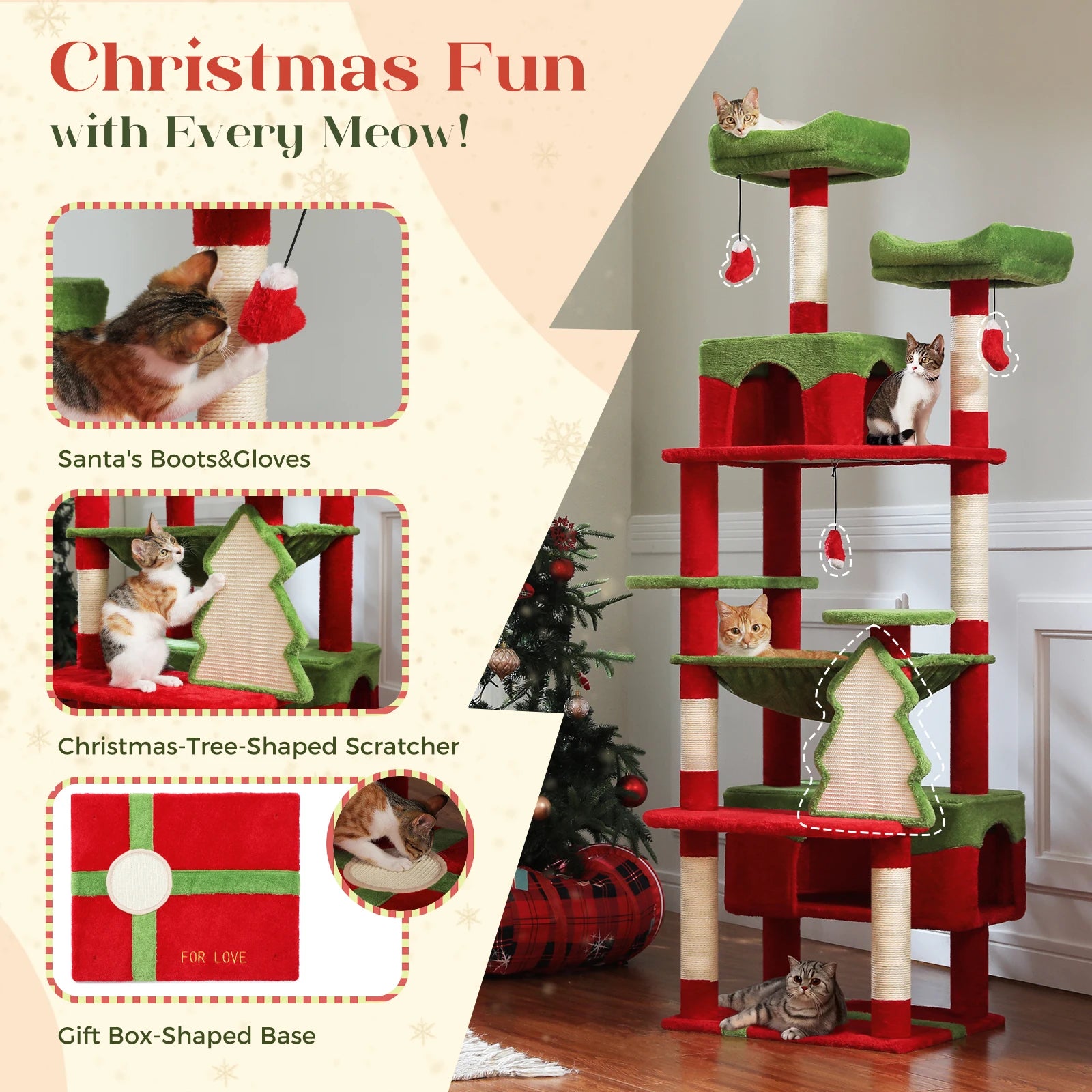 Arbre à chat de Noël rouge et vert avec griffoirs en forme d'arbre et base cadeau, pour chats