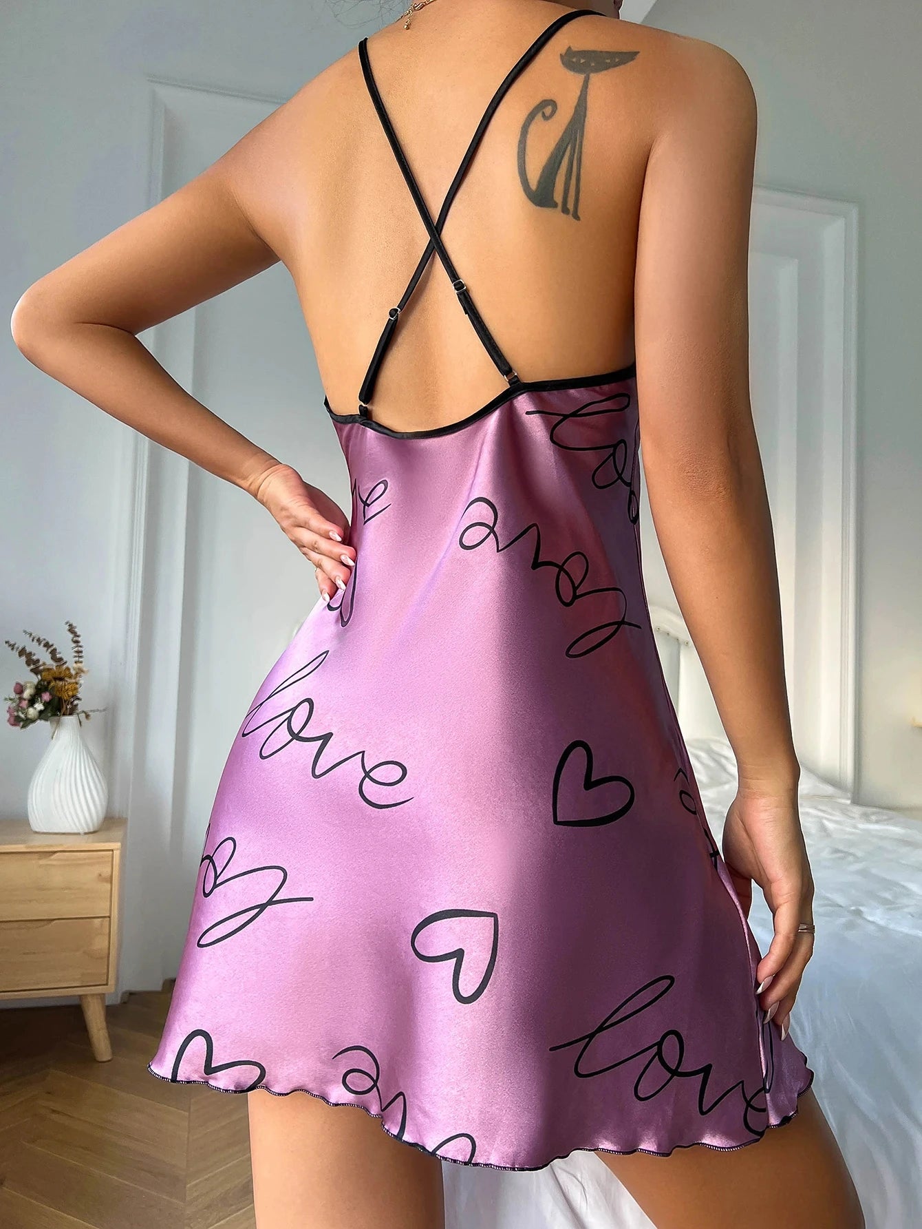 Coeur lettre impression chemise de nuit décontracté col rond Spaghetti sangle robe de nuit femmes vêtements de nuit robes
