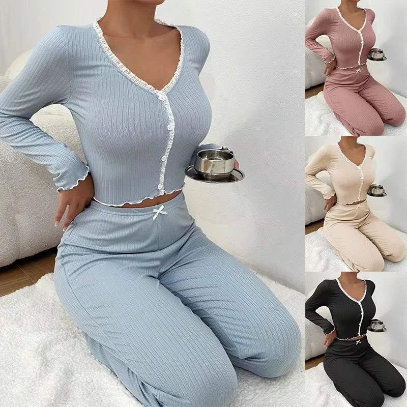 2025 automne hiver Homewear pyjamas ensemble pour femmes manches longues chemise pantalon 2 pièces Sexy dentelle Pijamas vêtements de nuit vêtements de détente