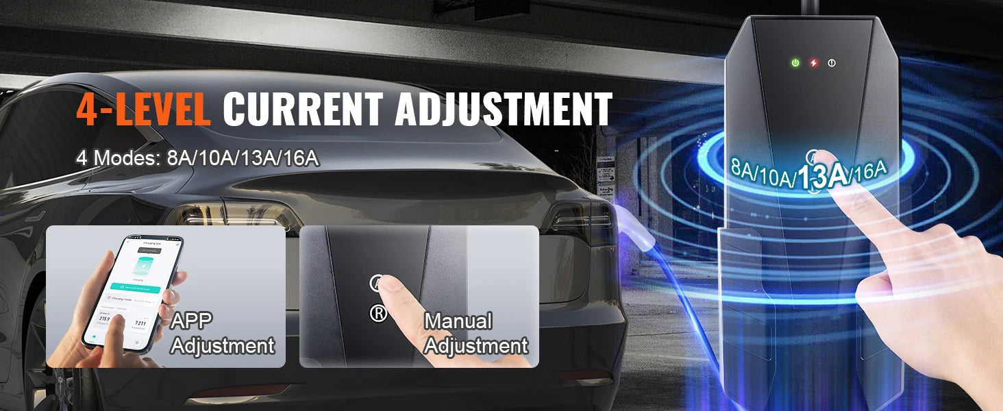 Chargeur EV intelligent avec réglage courant 4 niveaux 8A/10A/13A/16A, ajustement manuel et via app