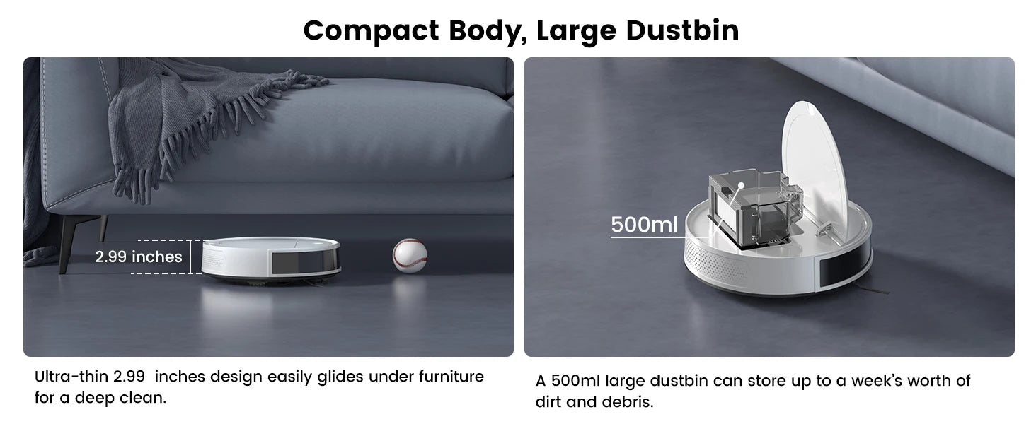 Aspirateur robot compact 2,99 pouces, bac à poussière 500ml, nettoyage sous meubles, high-tech