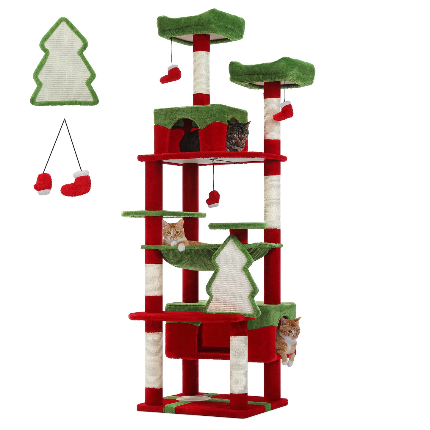 Arbre à chat de Noël rouge et vert avec plateformes, griffoirs et jouets en forme de sapin et chaussettes