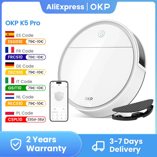 Aspirateur robot OKP K5 Pro blanc, contrôle via smartphone, garantie 2 ans, livraison rapide en Europe