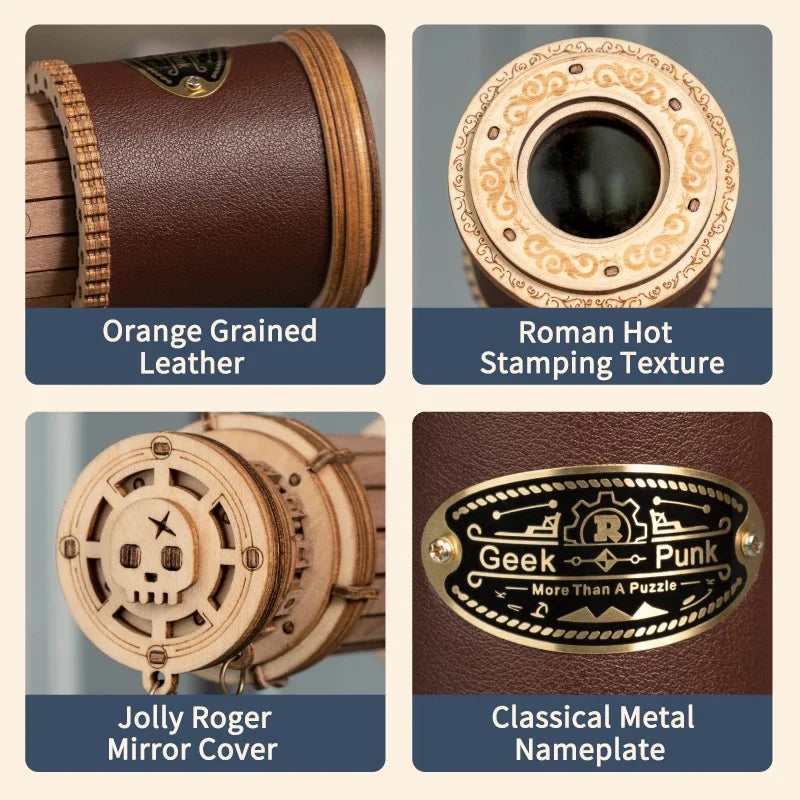Gadget steampunk en bois et cuir texturé, avec plaque métal 'Geek Punk', couvercle miroir Jolly Roger et finitions vintage