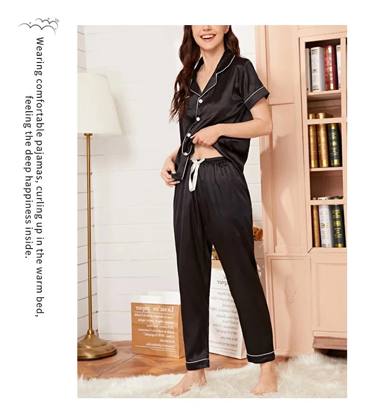 Ensemble de pyjama brodé en satin pour femme, poche, cœur, confortable, manches courtes, bouton, pantalon de salon, vêtements de nuit