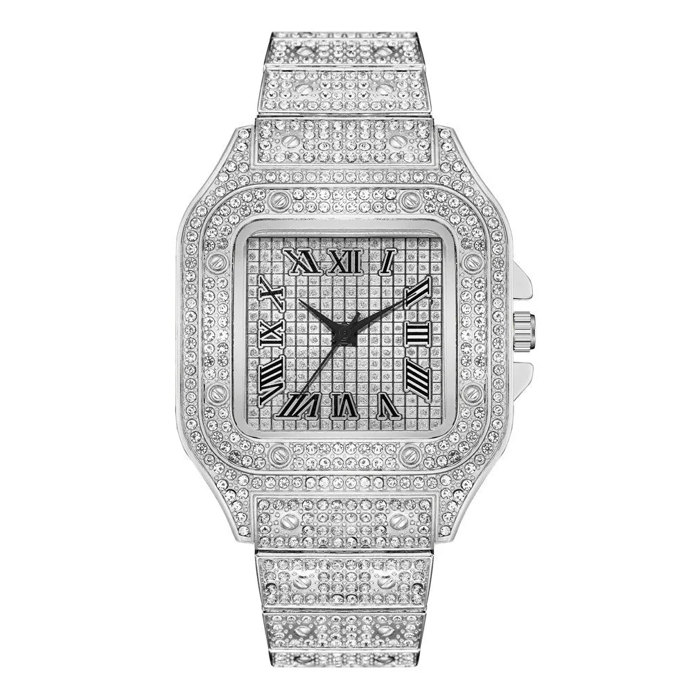 Classique luxe affaires hommes bracelet en acier carré échelle romaine strass montre à Quartz Lesiure homme montre-bracelet Relogio Masculino