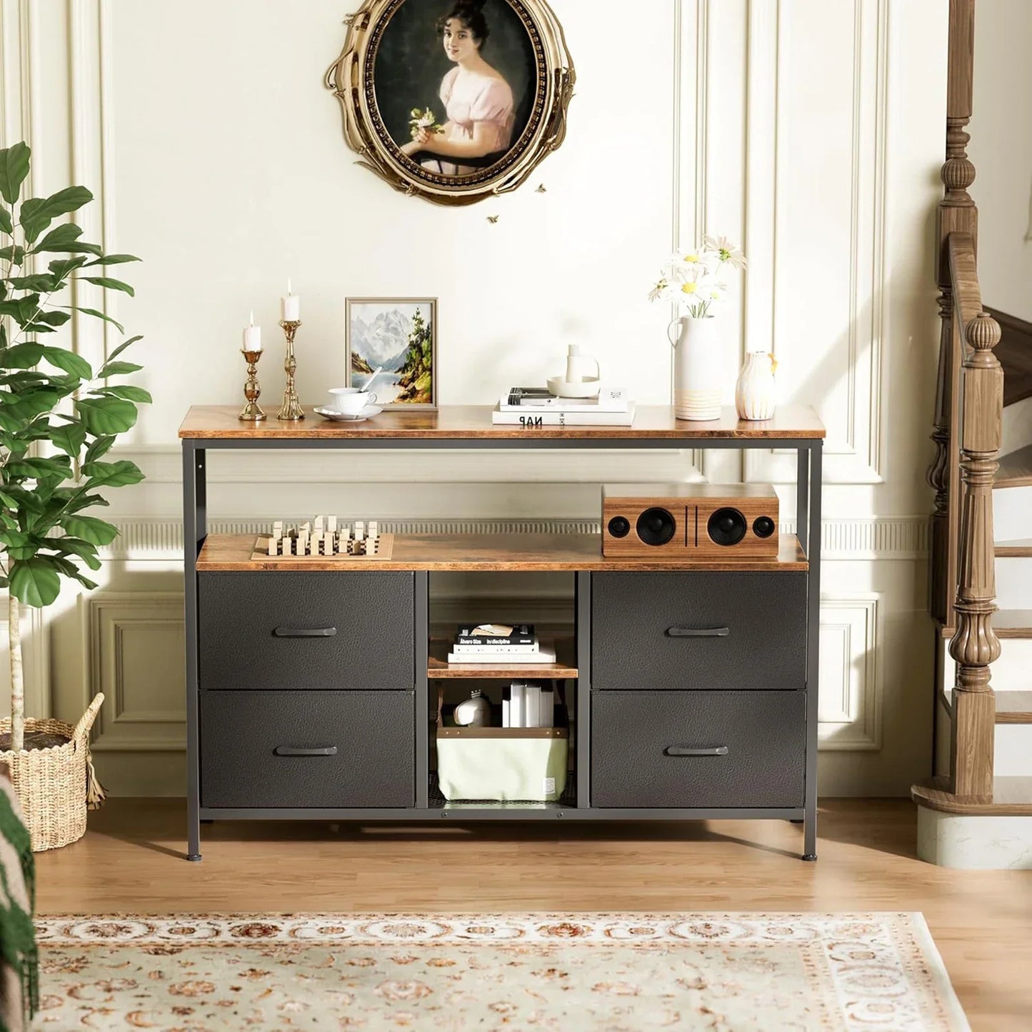 Rosahqnda Meuble TV avec 4 tiroirs, meuble TV, étagères réglables, table TV, meuble TV meuble de salon