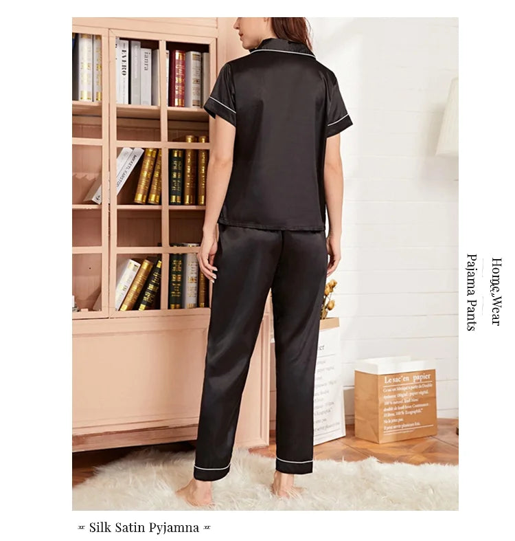 Ensemble de pyjama brodé en satin pour femme, poche, cœur, confortable, manches courtes, bouton, pantalon de salon, vêtements de nuit