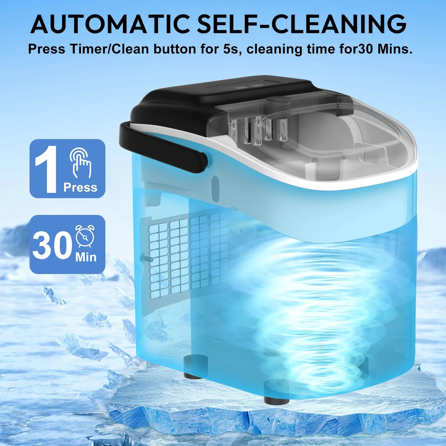 Machine à glaçons automatique avec nettoyage auto en 30 min, design compact et transparent