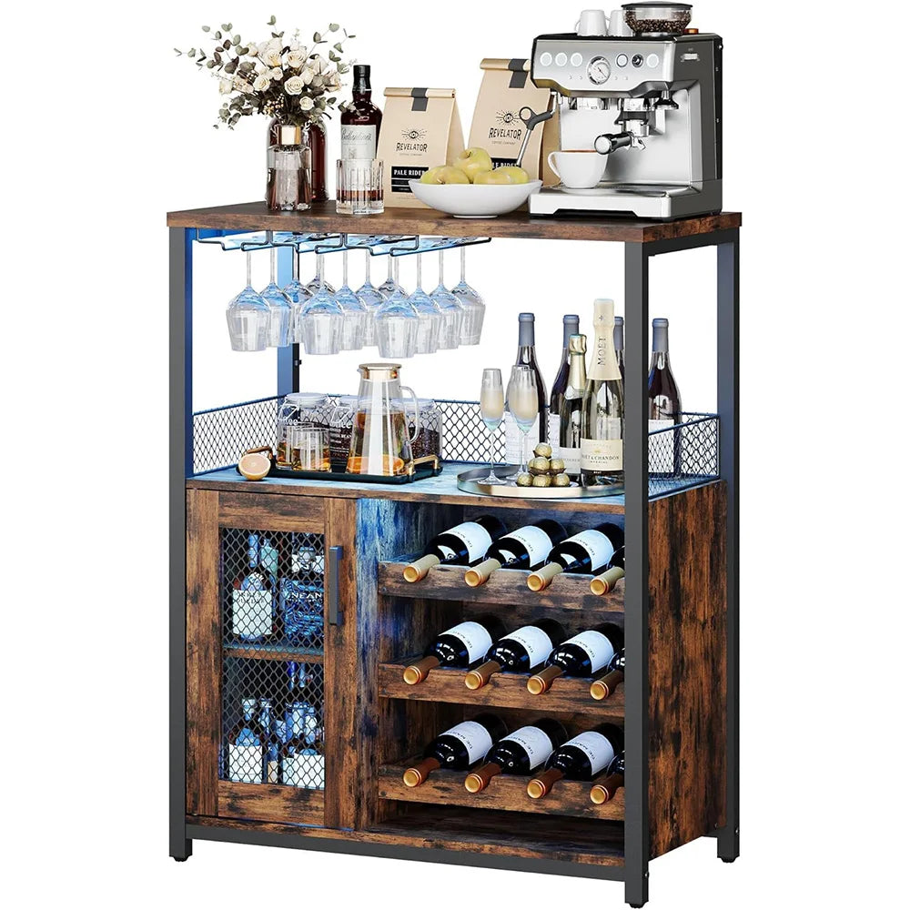 Armoire à vin rétro avec lumières LED 7 couleurs, porte-bouteille réglable et support en verre, stockage de boissons multifonctionnel pour Bar à domicile