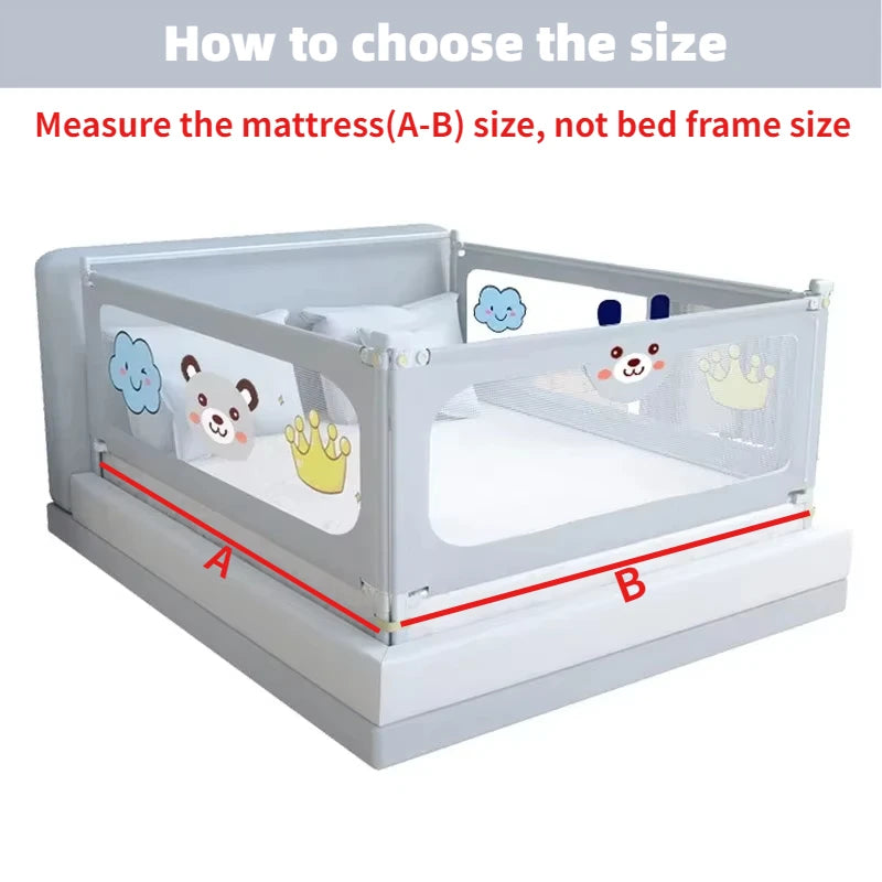Barrière de lit bébé avec mesures A-B, motifs nuages et ours, pour sécurité enfant