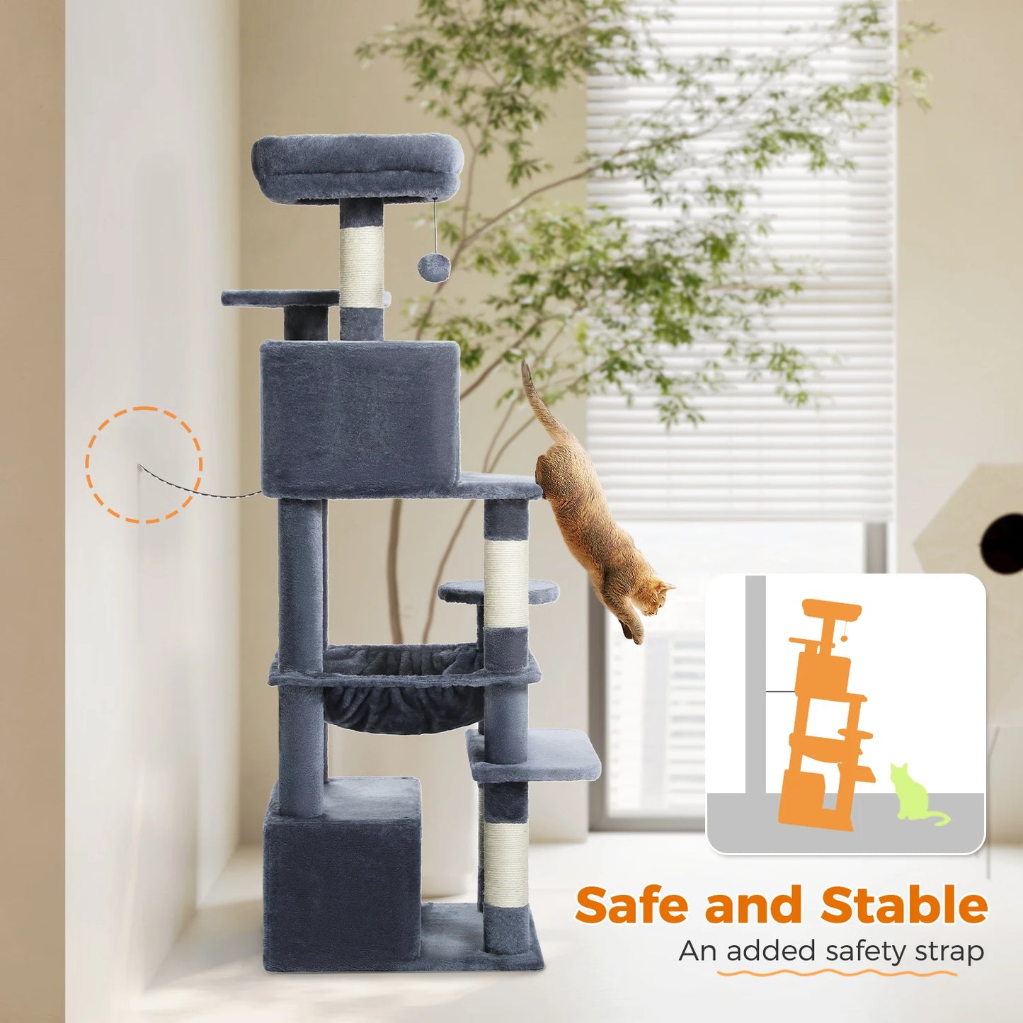 Arbre à chat gris avec griffoirs, plateformes et sangle de sécurité, idéal pour chat actif
