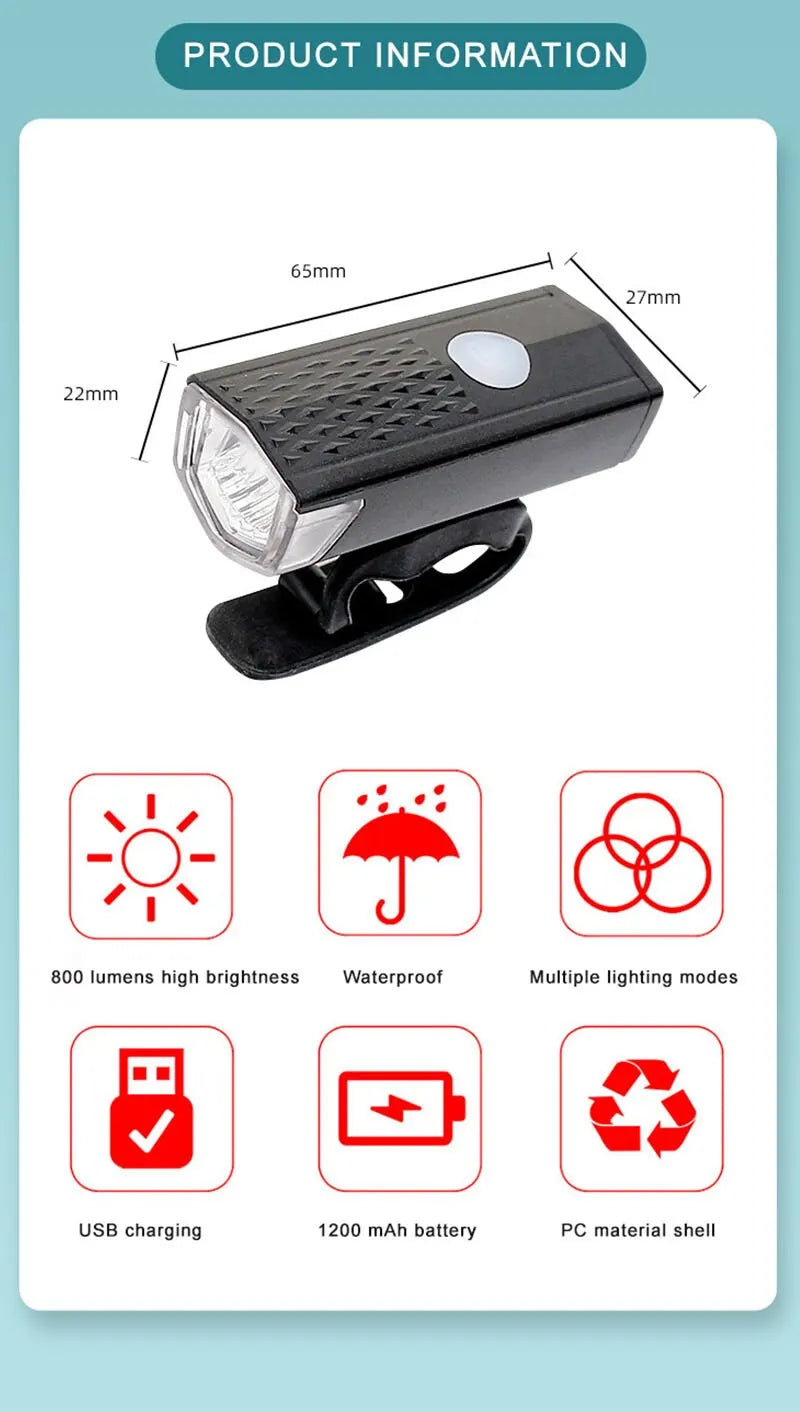 Phare vélo LED 800 lumens, étanche, rechargeable USB, 1200 mAh, modes multiples, coque PC