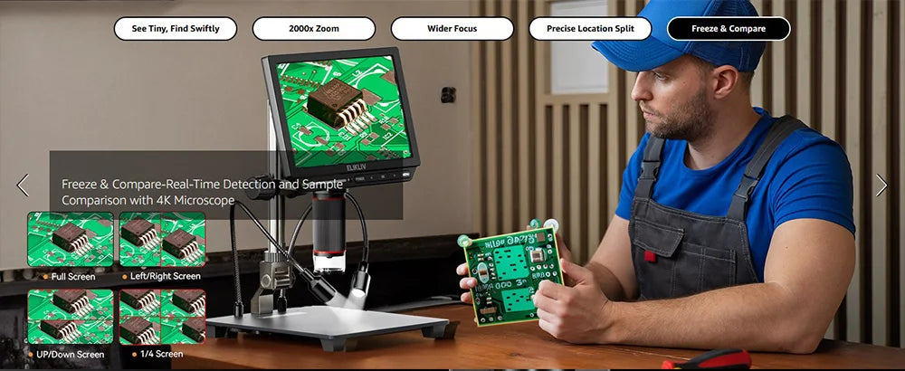 Elikliv EM4K 4K HDMI Microscope numérique pour l'électronique 8 "2000X Microscope à souder pour la réparation d'inspection de PCB avec support 10"