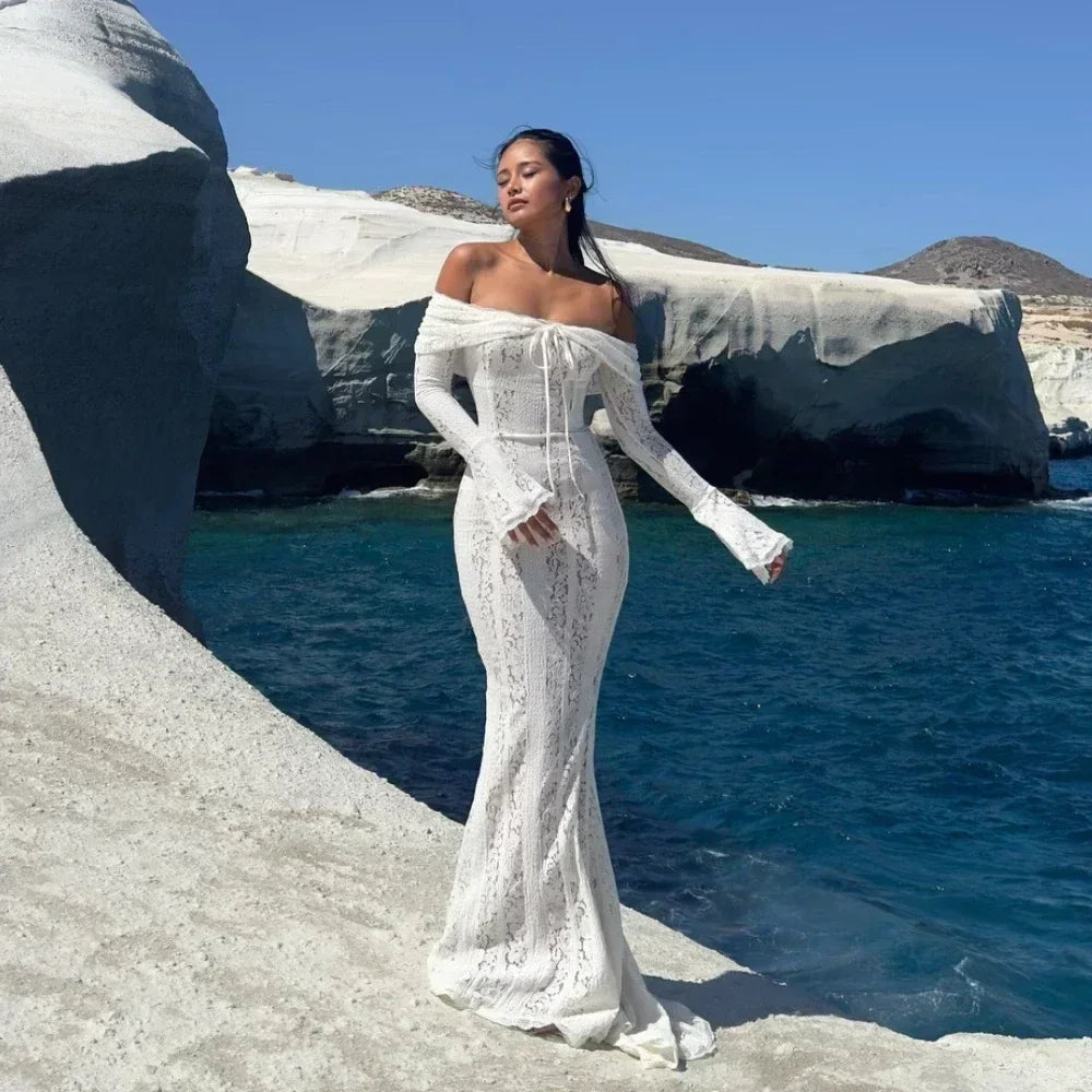 Suninheart Robe Longue Blanche Épaules Dénudées pour Événements - Robe de Soirée Rouge Manches Longues en Dentelle Élégante 2025 - Robe de Mariage Luxueuse, Robe de Bal pour Femmes