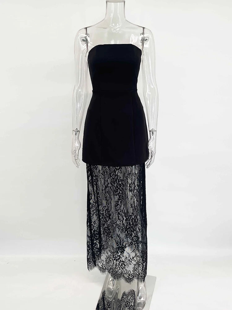 Tornova – robe en dentelle sans bretelles pour femme, ensemble élégant et Sexy, gilet à bretelles, taille haute, jupe longue d'épissure, Slim, Banquet, 2 pièces