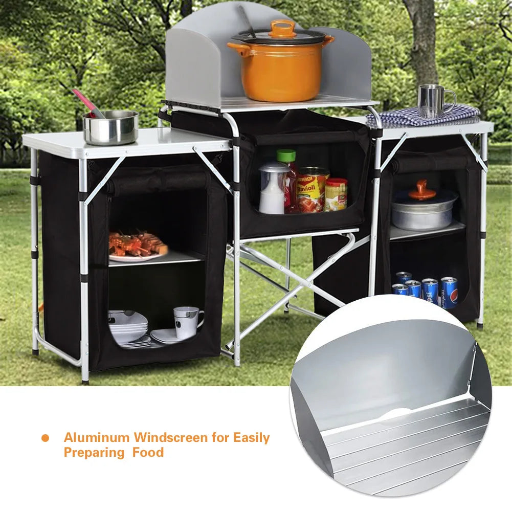 Ensemble de table de cuisine de camping Portable, support de rangement extérieur Vertical, table de préparation pliable avec armoire de rangement