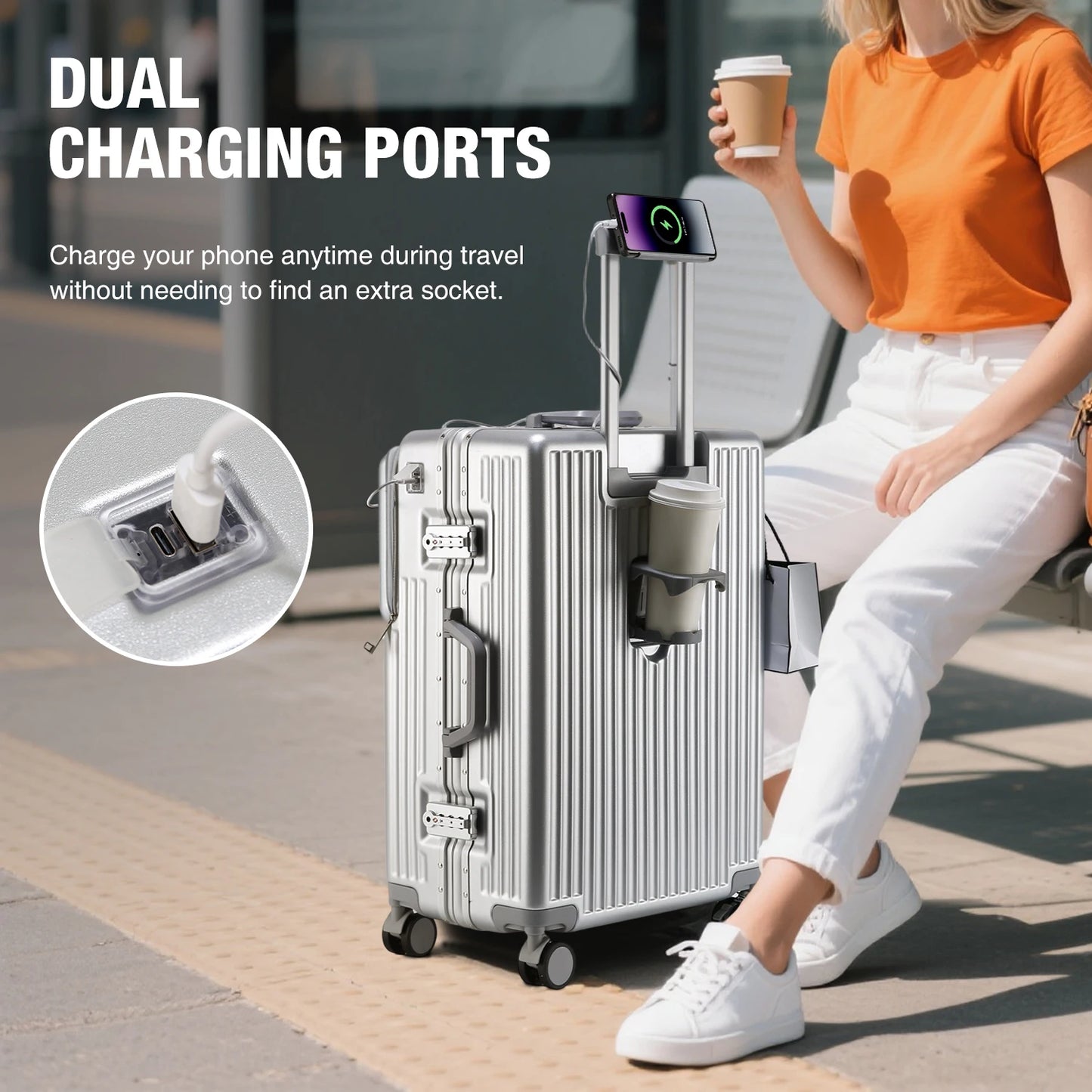 Valise rigide AIWEINY avec cadre en aluminium léger, 360 °   Valise de voyage/sur roulettes silencieuses, avec serrure TSA, avec port USB, 20/24/27 pouces