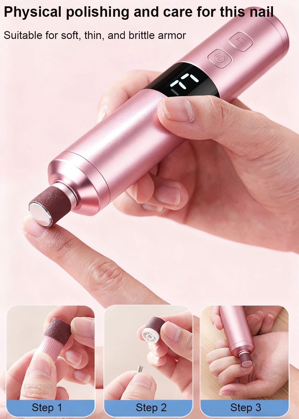 Lime à ongles électrique rose doré avec affichage LED, soin des ongles fragiles, outil de manucure portable