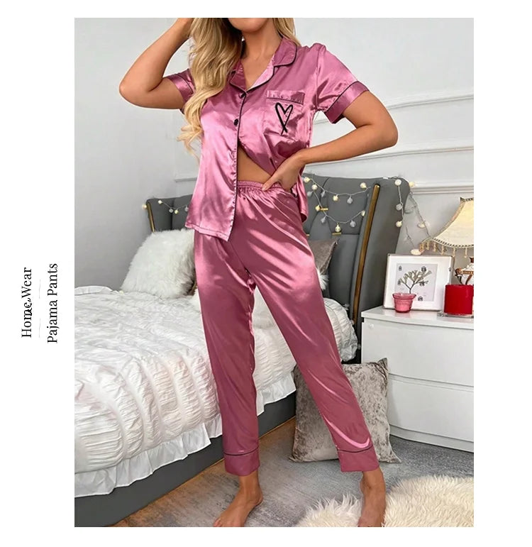 Ensemble de pyjama brodé en satin pour femme, poche, cœur, confortable, manches courtes, bouton, pantalon de salon, vêtements de nuit
