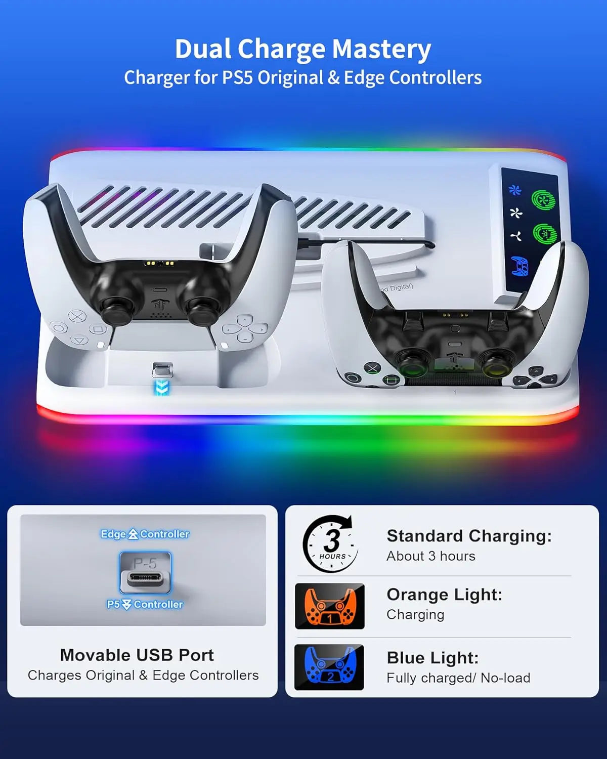 Support de refroidissement pour PS5/Slim/Pro, avec Station de charge de contrôleur LED, ventilateur de refroidissement à 3 vitesses pour accessoires de Console PlayStation 5