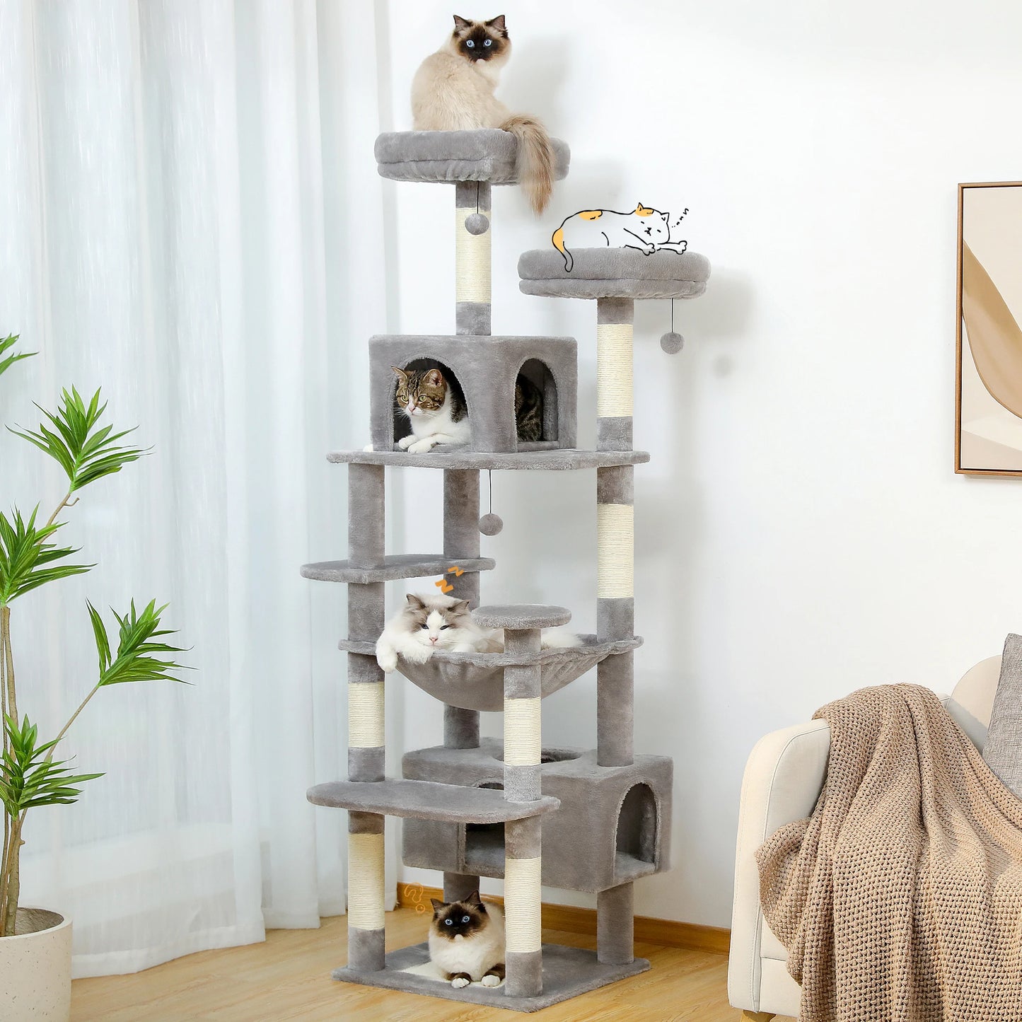 Arbre à chat gris multi-niveaux avec plateformes, cabanes et griffoirs pour chats, idéal pour salon